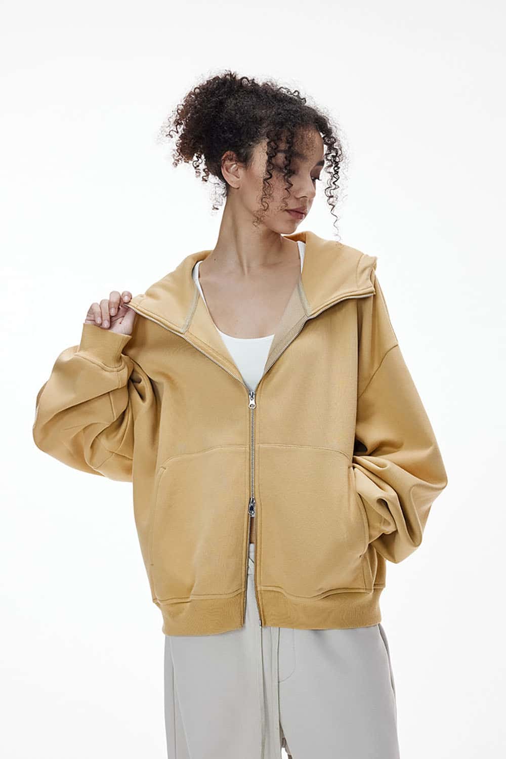 Boxy Fit Fleece-Lined Zip Hoodie _ Curved Sleeve Eggshell Plush Hooded Jacket