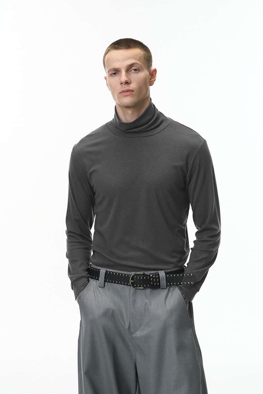 Wool Blend Fitted Turtleneck _ Slim Long Sleeve Base Layer Tee
