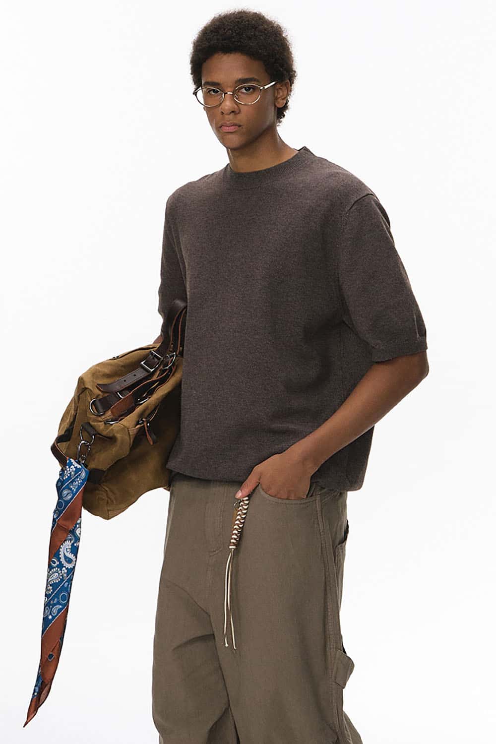 Loose Knit Crewneck Sweater Tee _ Short Sleeve Warm Wool-Blend Pullover