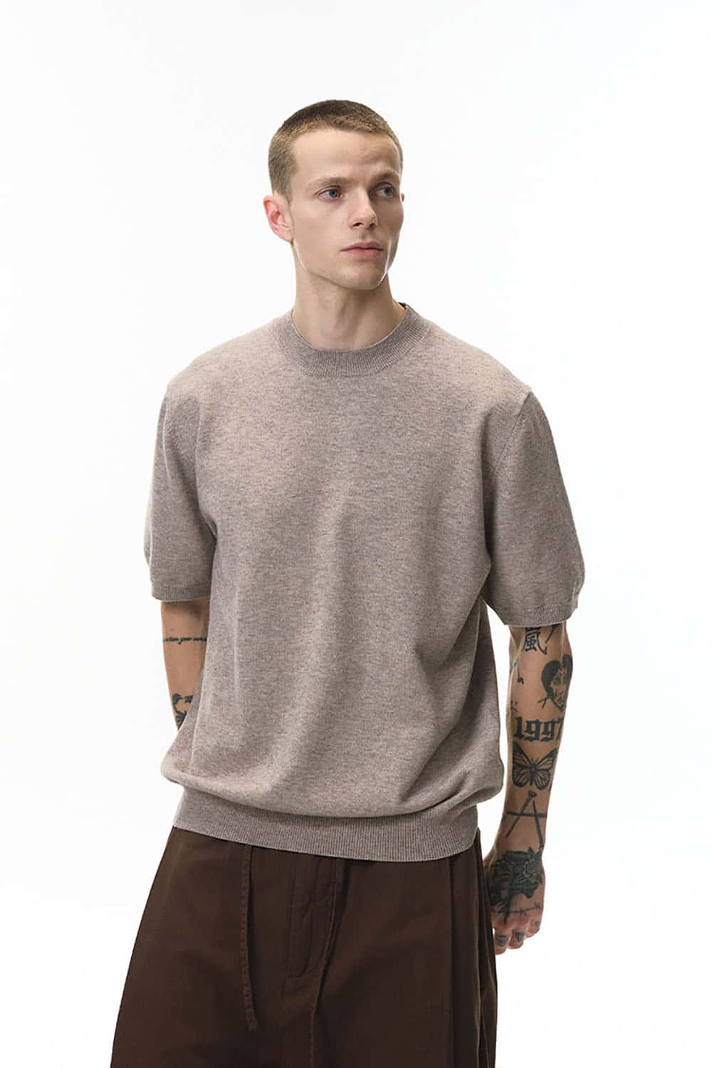 Loose Knit Crewneck Sweater Tee _ Short Sleeve Warm Wool-Blend Pullover