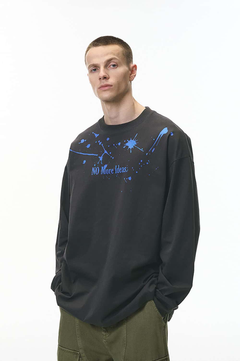 Reflective Paint-Splatter Long Sleeve Tee _ Sculpted Letter Print Color-Block Base Layer