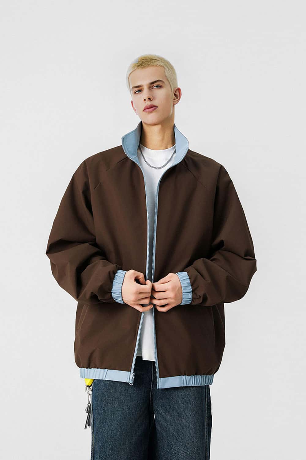 Three-Stripe Color-Block Windbreaker _ Minimalist Solid Zip-Up Jacket