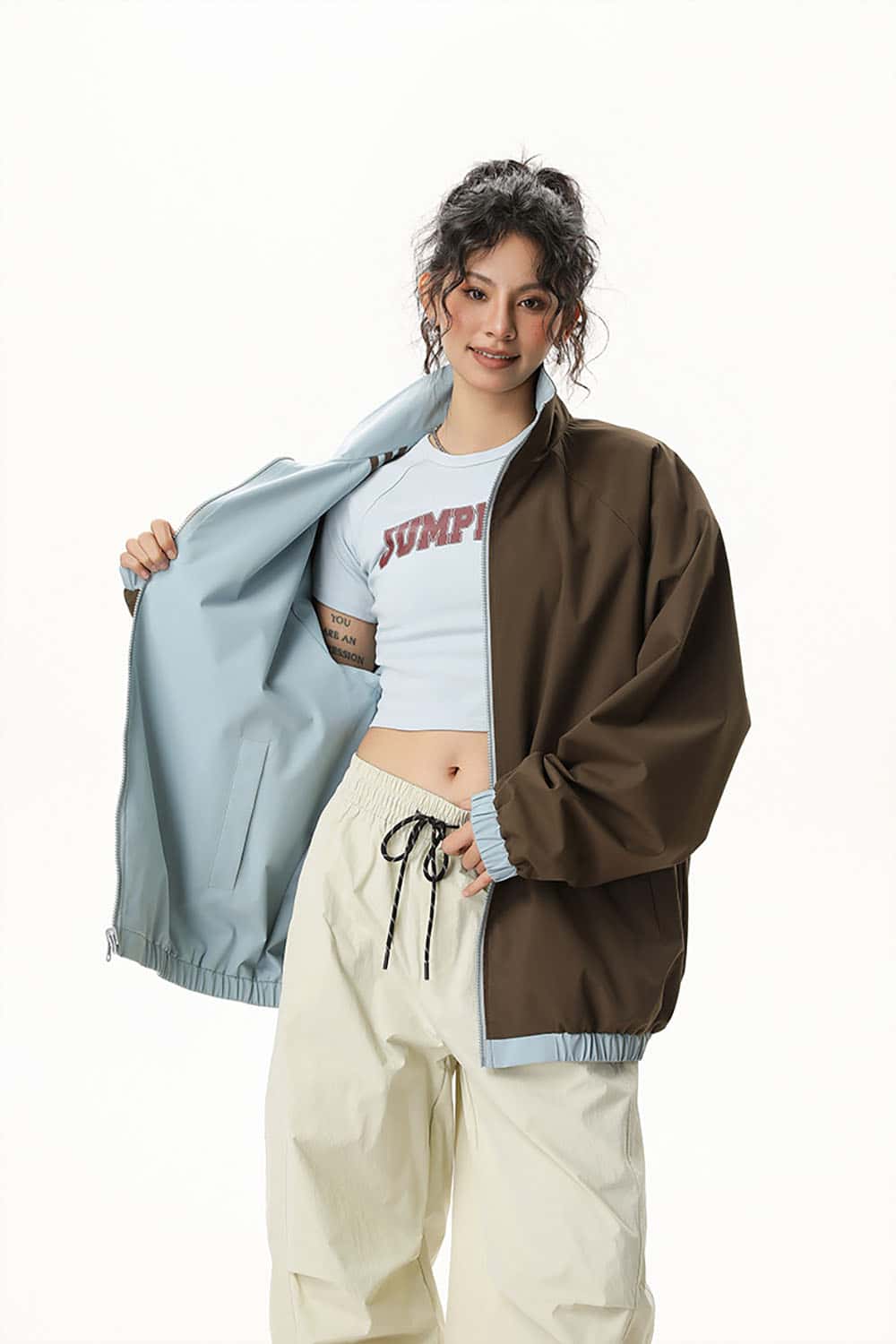 Three-Stripe Color-Block Windbreaker _ Minimalist Solid Zip-Up Jacket