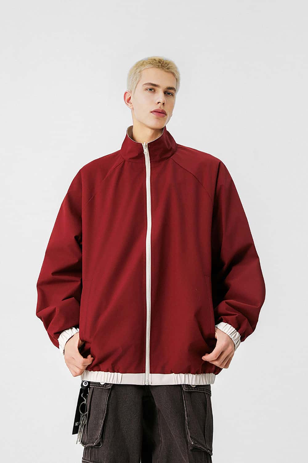 Three-Stripe Color-Block Windbreaker _ Minimalist Solid Zip-Up Jacket