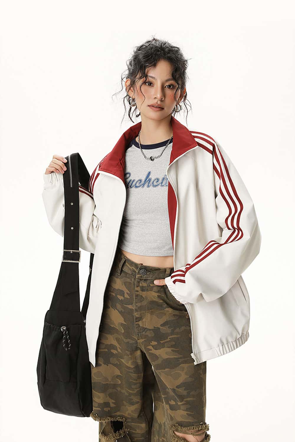 Three-Stripe Color-Block Windbreaker _ Minimalist Solid Zip-Up Jacket