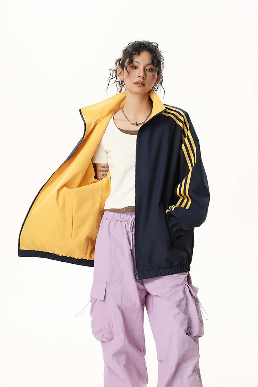 Three-Stripe Color-Block Windbreaker _ Minimalist Solid Zip-Up Jacket