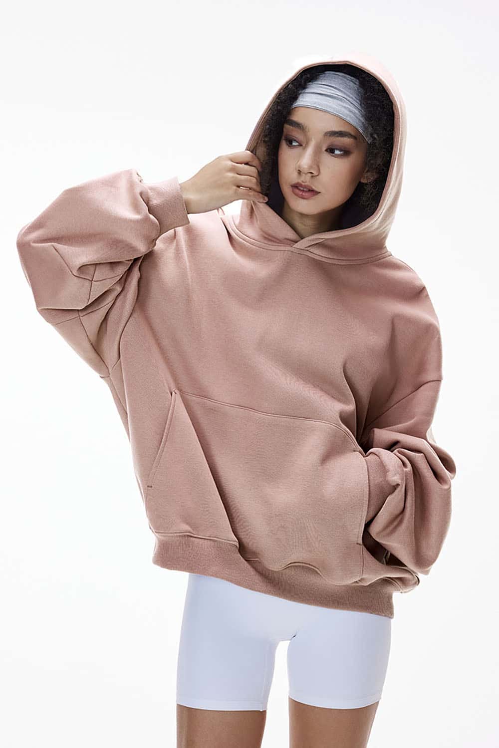Cropped Plush Hoodie _ Curved Hem Fleece-Lined Eggshell Velvet Sweatshirt