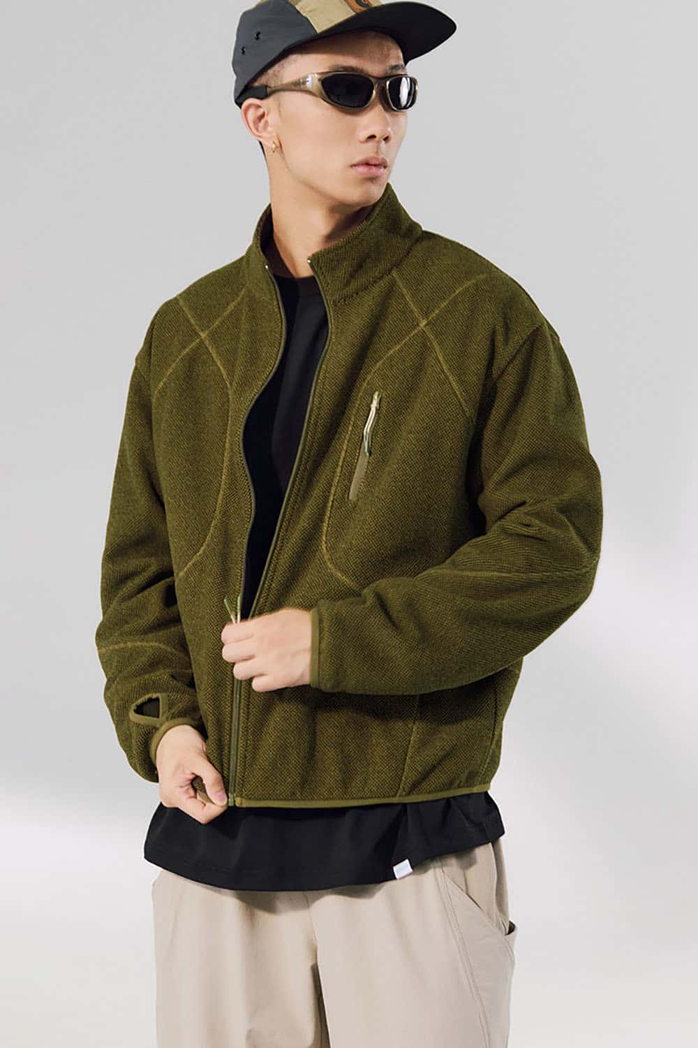 Honeycomb Thermal Fleece Jacket _ Stand Collar Zip-Up Outdoor Sport Sweatshirt