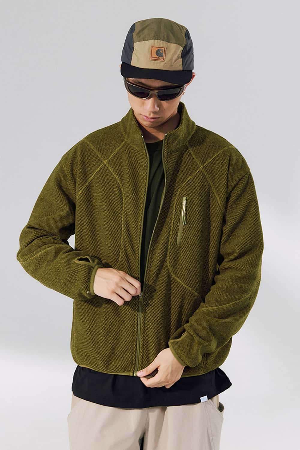 Honeycomb Thermal Fleece Jacket _ Stand Collar Zip-Up Outdoor Sport Sweatshirt