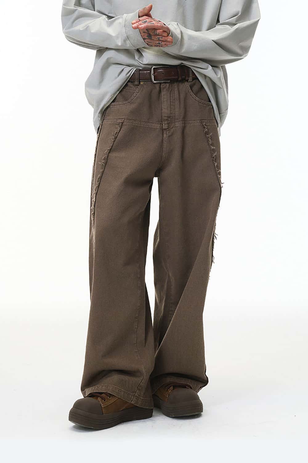 Washed Distressed Workwear Pants _ Raw-Edge Wide-Leg Casual Trousers