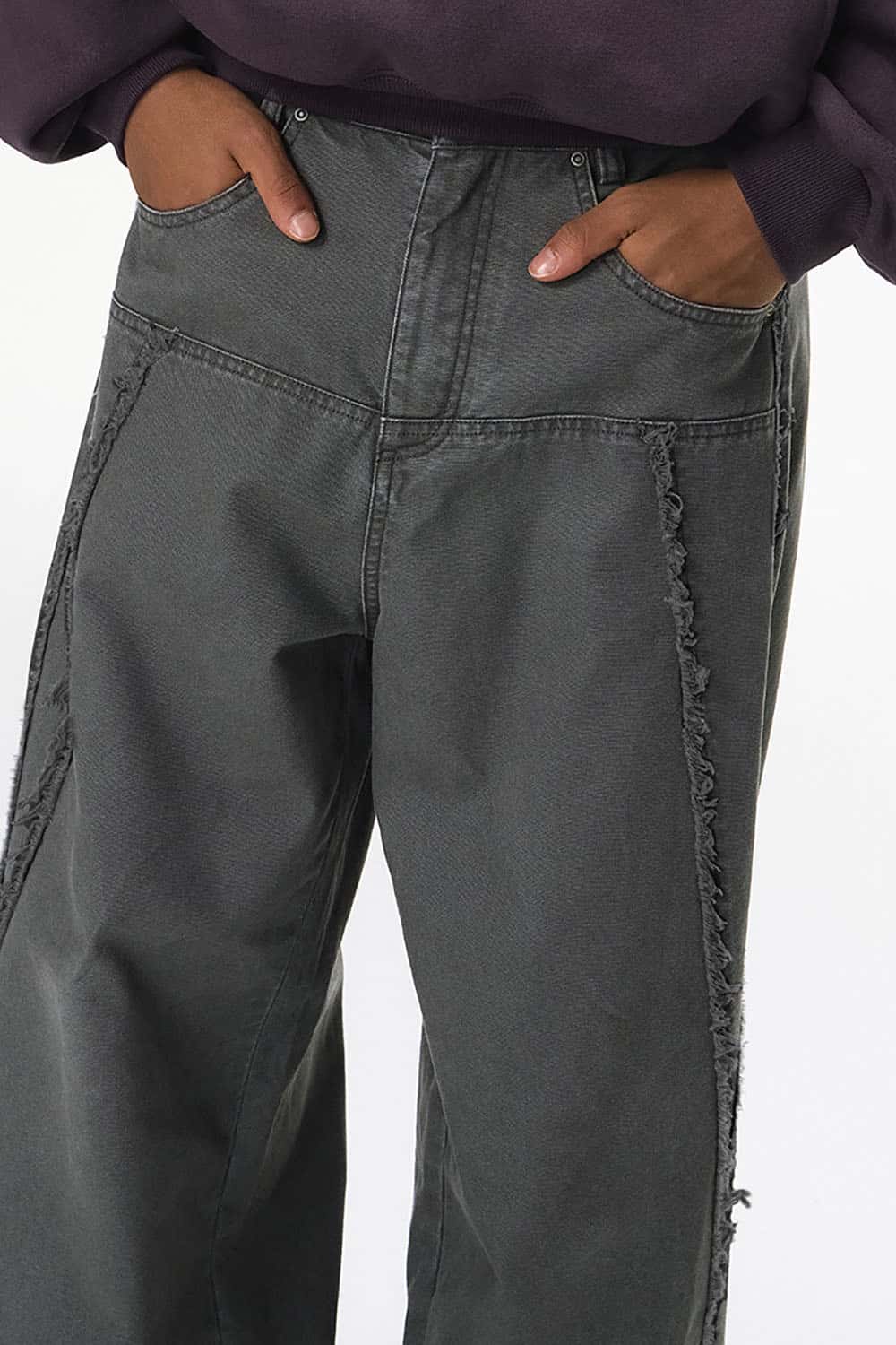 Washed Distressed Workwear Pants _ Raw-Edge Wide-Leg Casual Trousers