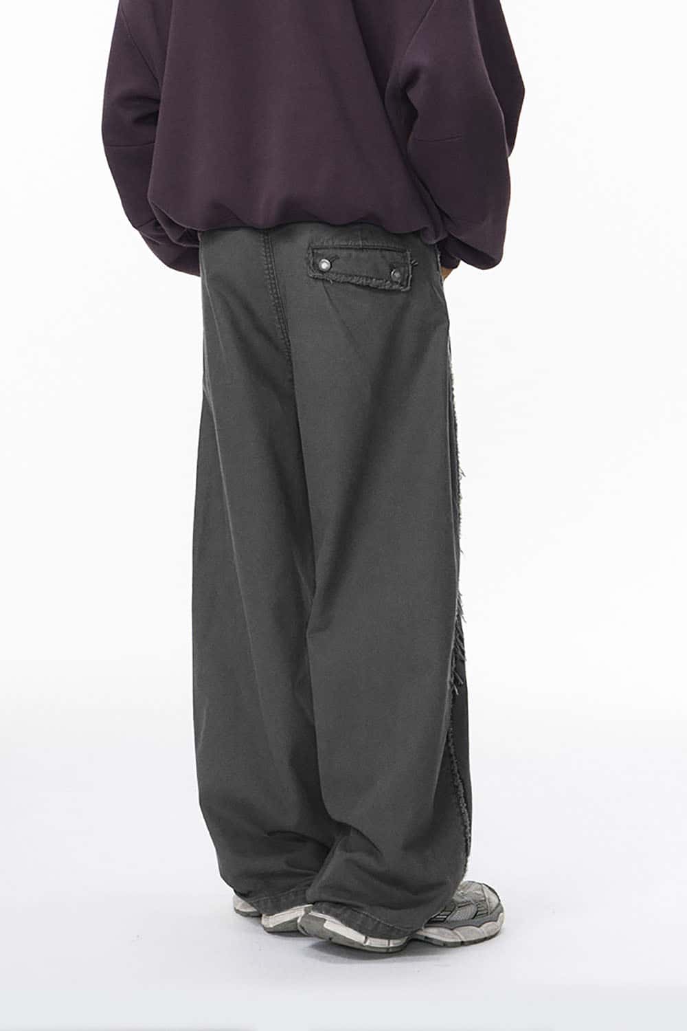 Washed Distressed Workwear Pants _ Raw-Edge Wide-Leg Casual Trousers