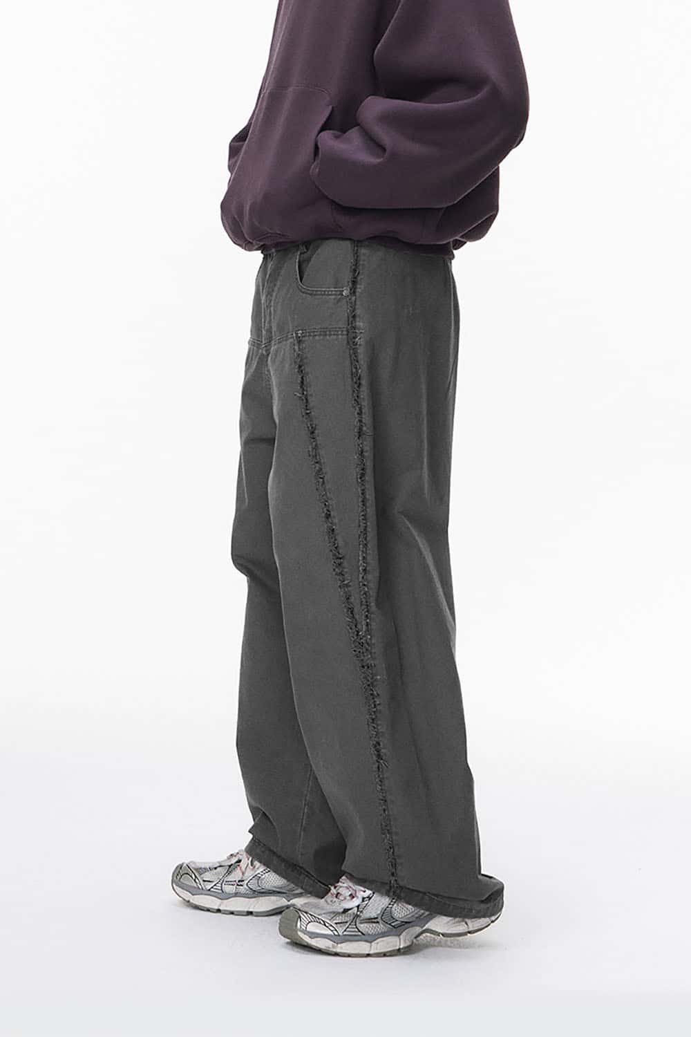 Washed Distressed Workwear Pants _ Raw-Edge Wide-Leg Casual Trousers