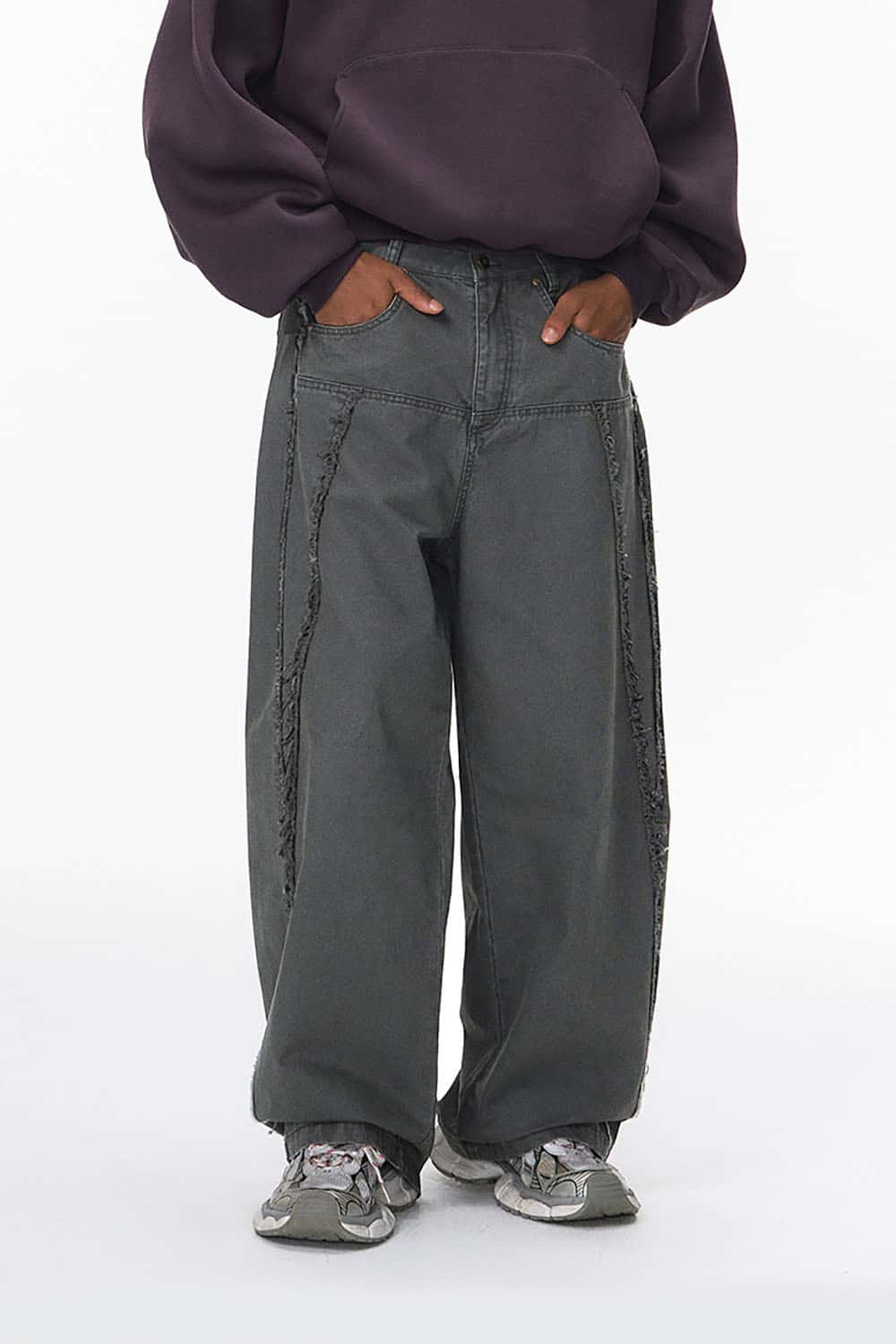Washed Distressed Workwear Pants _ Raw-Edge Wide-Leg Casual Trousers