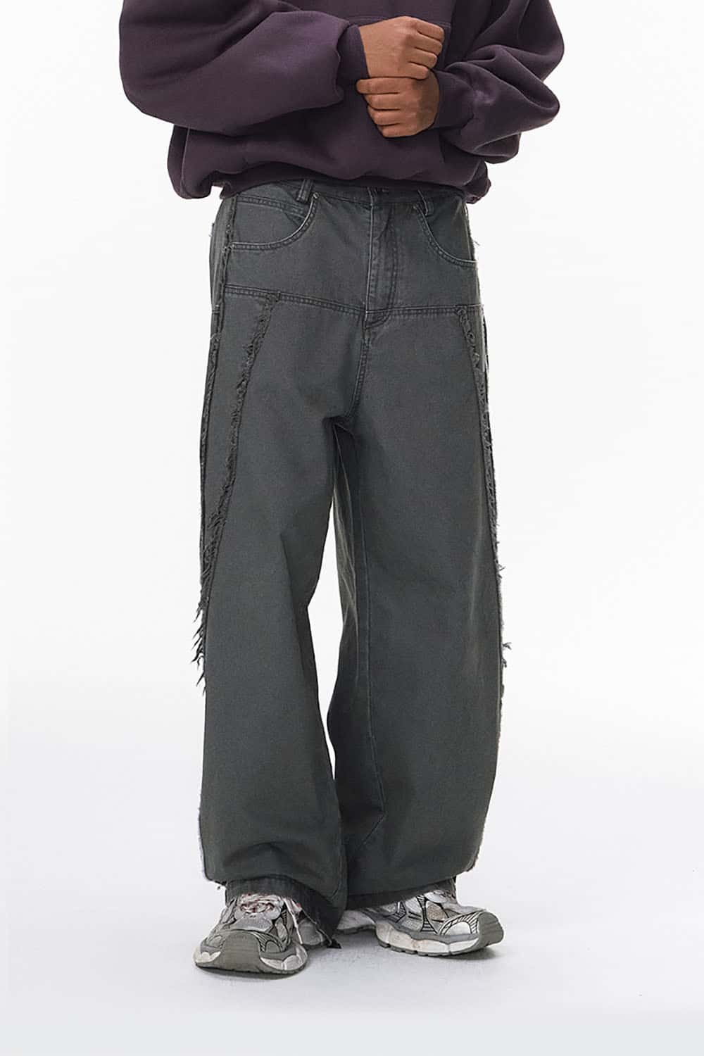 Washed Distressed Workwear Pants _ Raw-Edge Wide-Leg Casual Trousers