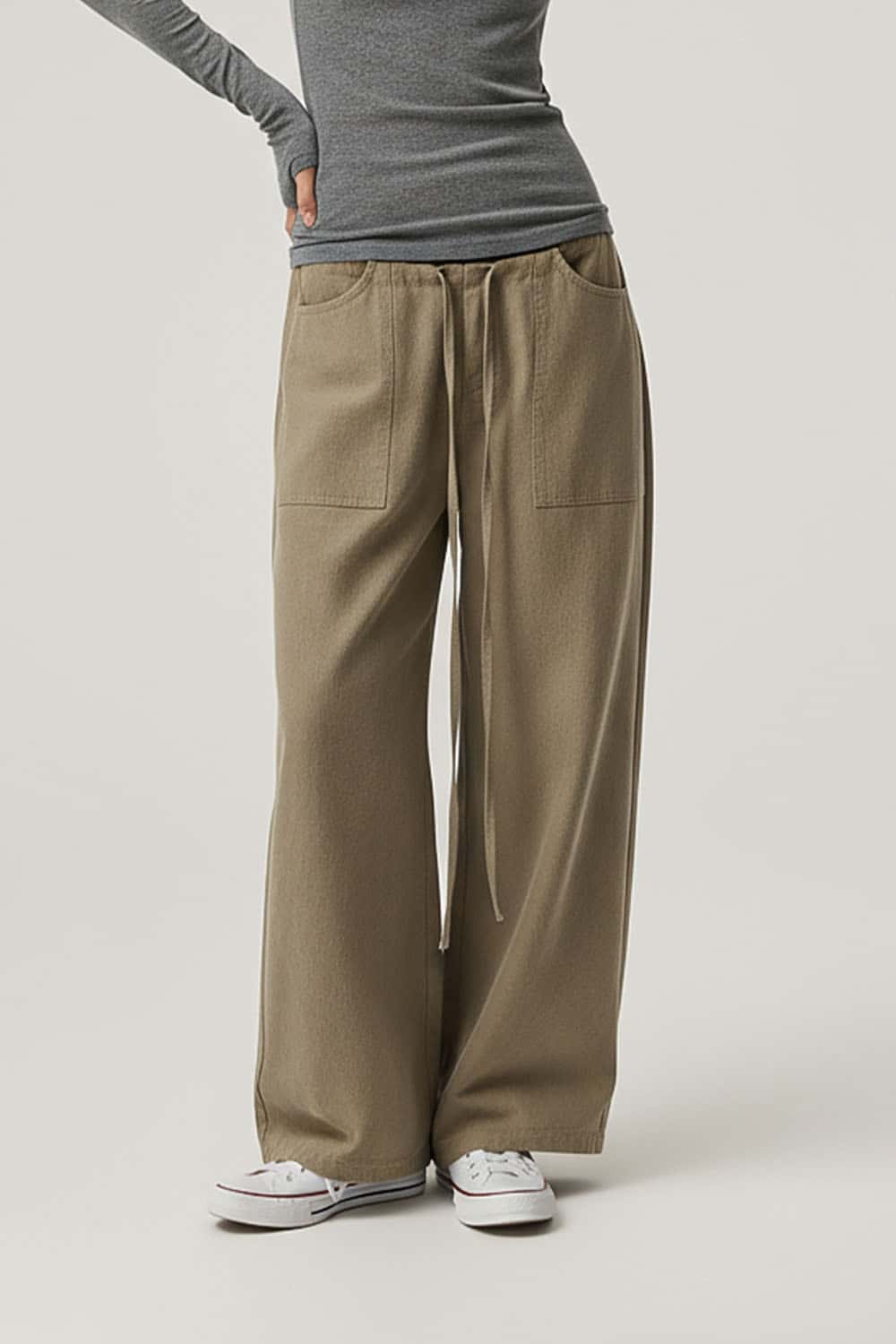 Lyocell Double Waistband Utility Pants _ Relaxed Mid-Rise Wide-Leg Casual Trousers