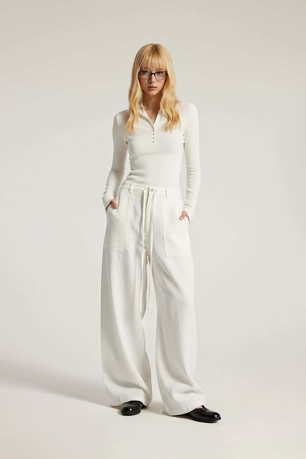 Lyocell Double Waistband Utility Pants _ Relaxed Mid-Rise Wide-Leg Casual Trousers
