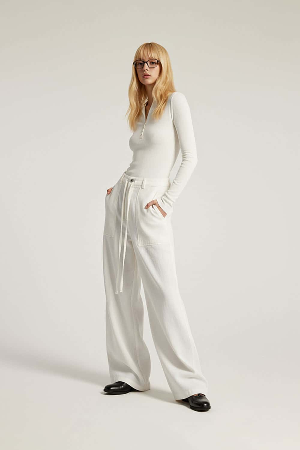 Lyocell Double Waistband Utility Pants _ Relaxed Mid-Rise Wide-Leg Casual Trousers