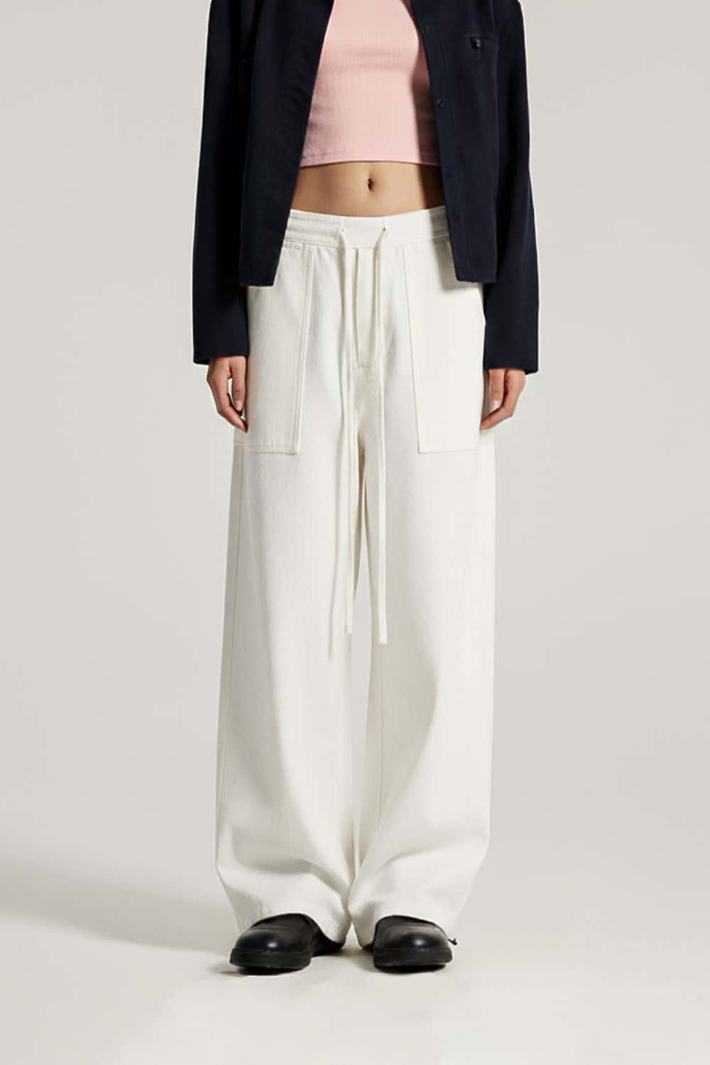 Lyocell Double Waistband Utility Pants _ Relaxed Mid-Rise Wide-Leg Casual Trousers