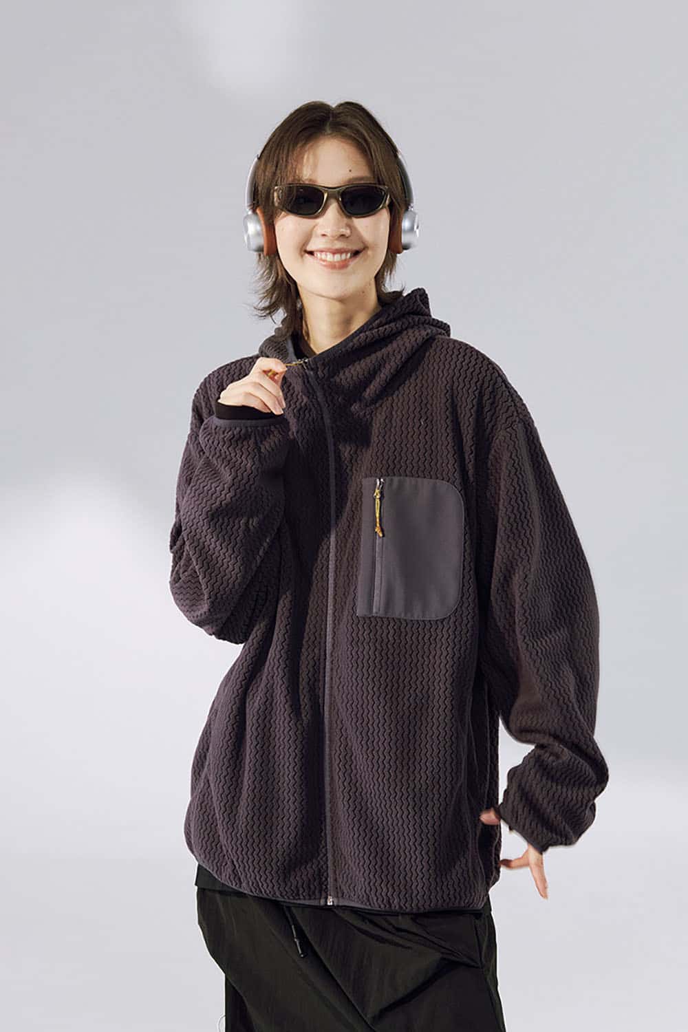 Wavy Texture Stand-Collar Zip Outdoor Jacket _ 280g Windproof Lightweight Fleece