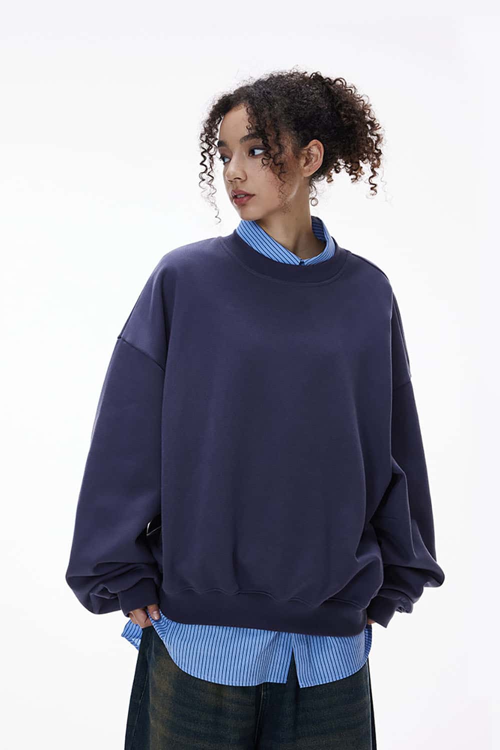 340g Fleece-Lined Crewneck Sweatshirt _ Ergonomic Sleeve Warm Pullover