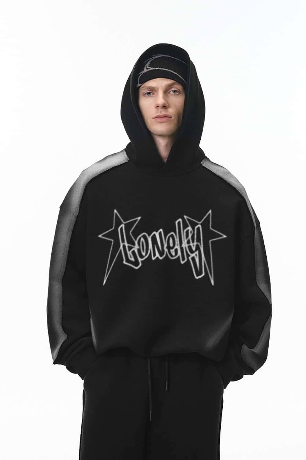 Air-Layer Spray Print Hoodie _ Raw Edge Oversized Hooded Sweatshirt