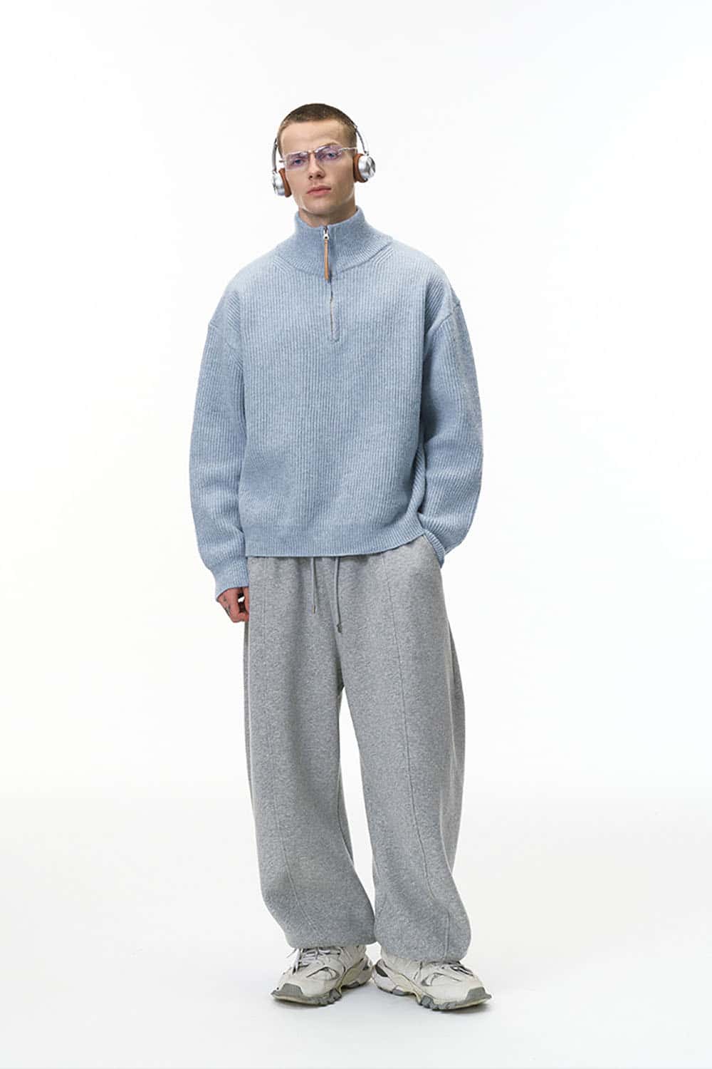 Vintage Relaxed Half-Zip Sweater _ High-Neck Ribbed Knit Pullover