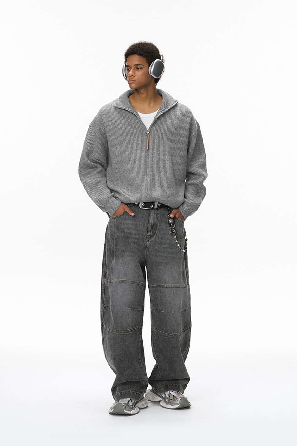 Vintage Relaxed Half-Zip Sweater _ High-Neck Ribbed Knit Pullover