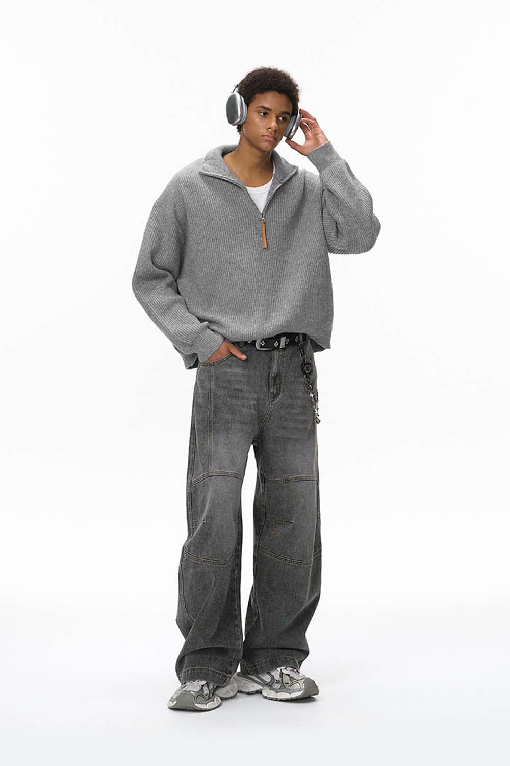 Vintage Relaxed Half-Zip Sweater _ High-Neck Ribbed Knit Pullover