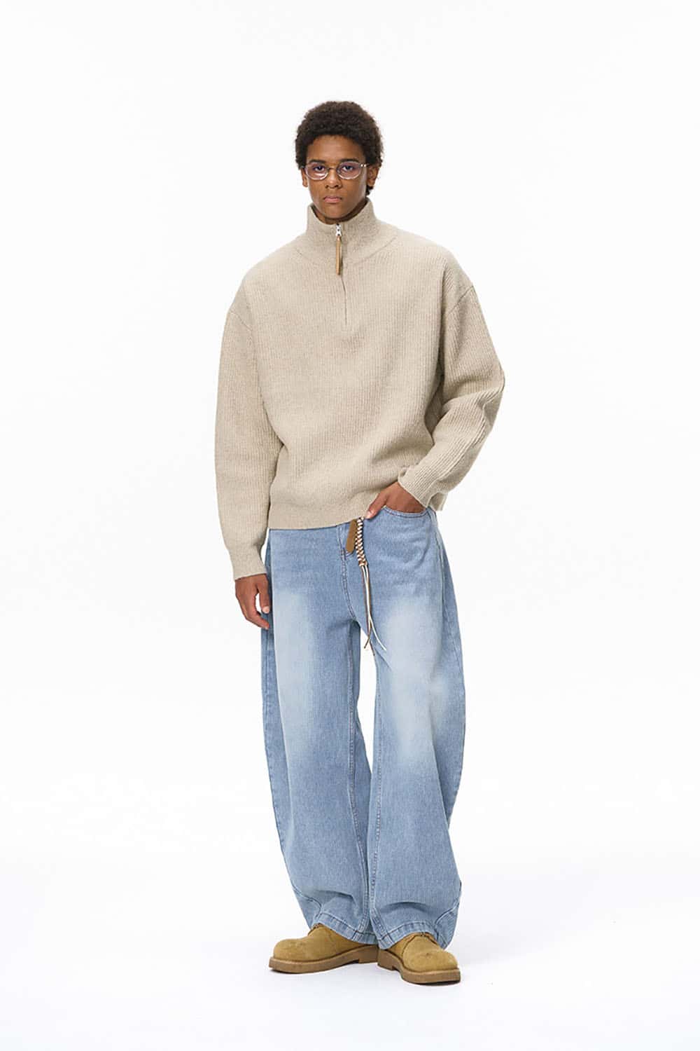 Vintage Relaxed Half-Zip Sweater _ High-Neck Ribbed Knit Pullover