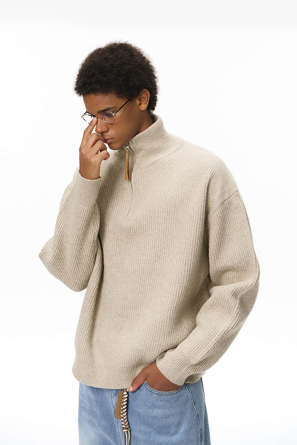 Vintage Relaxed Half-Zip Sweater _ High-Neck Ribbed Knit Pullover