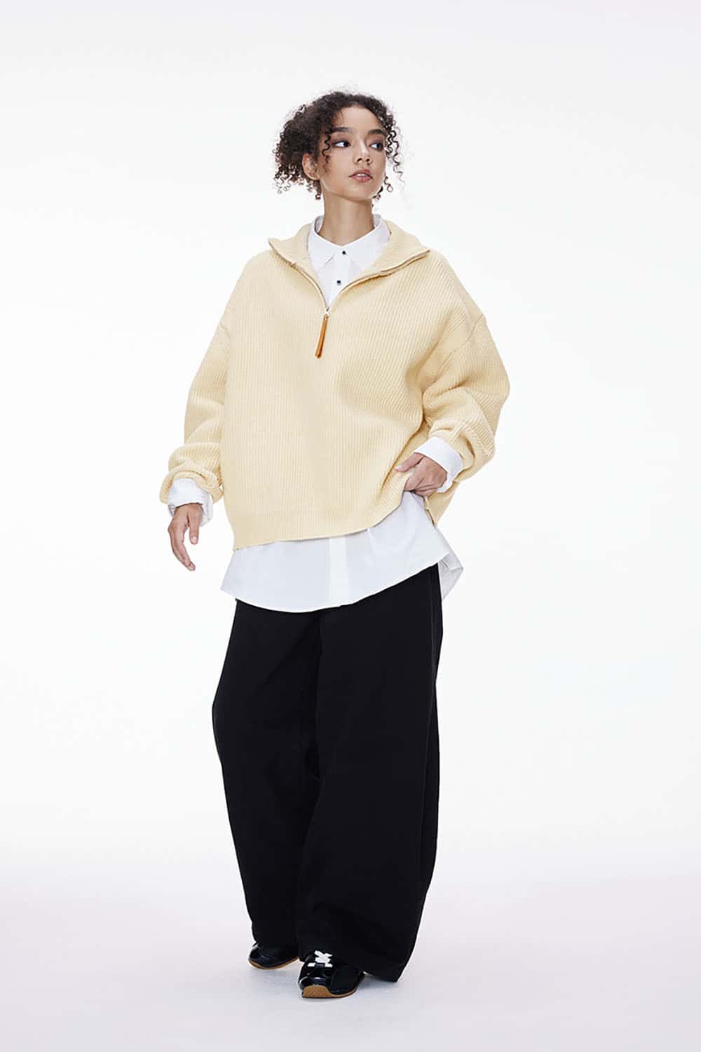 Vintage Relaxed Half-Zip Sweater _ High-Neck Ribbed Knit Pullover