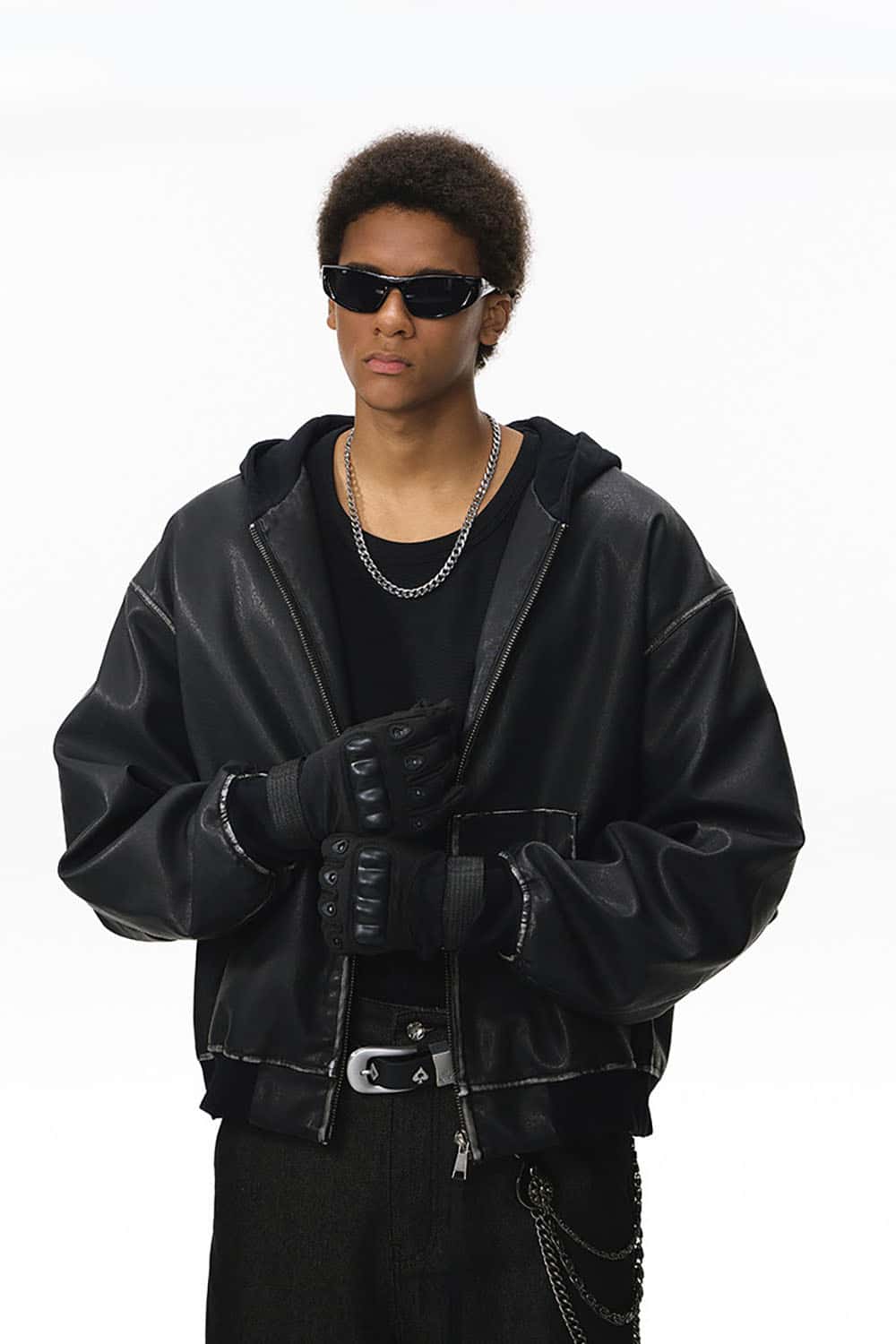 Washed Faux Leather Hooded Jacket _ Distressed Patchwork Zip-Up Outerwear