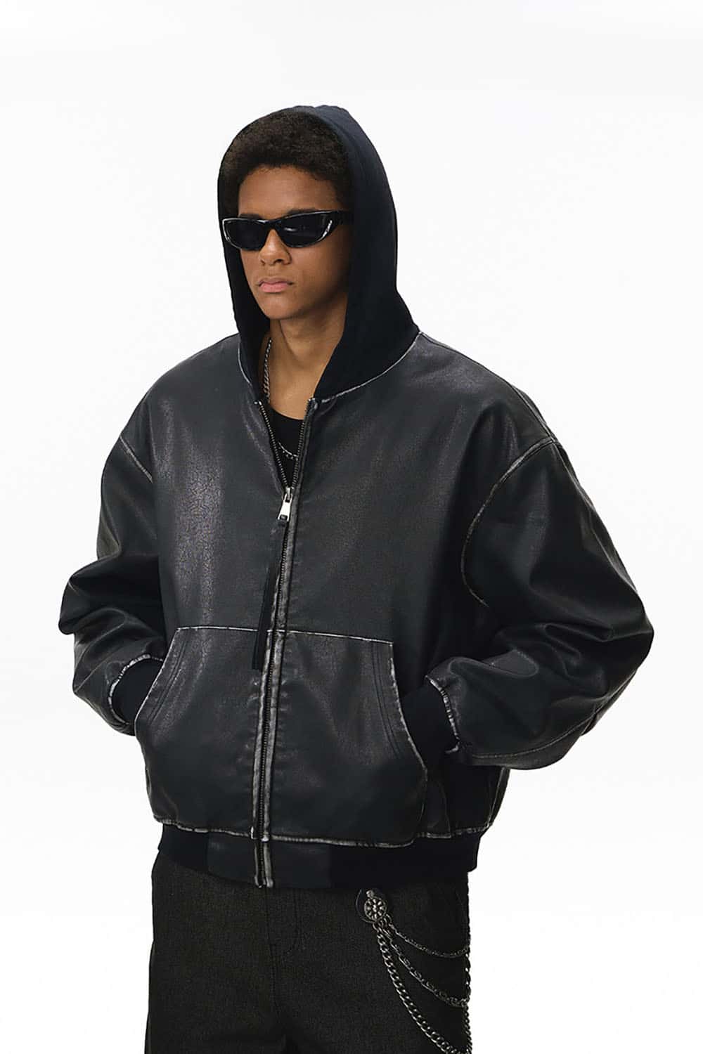 Washed Faux Leather Hooded Jacket _ Distressed Patchwork Zip-Up Outerwear