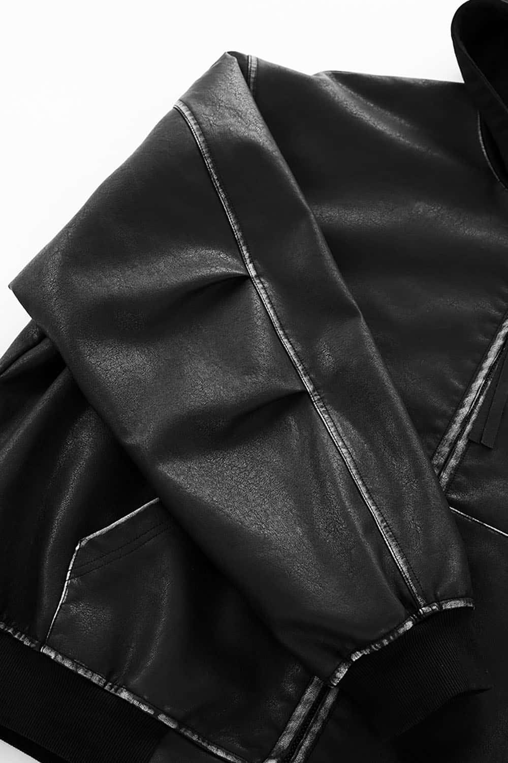 Washed Faux Leather Hooded Jacket _ Distressed Patchwork Zip-Up Outerwear