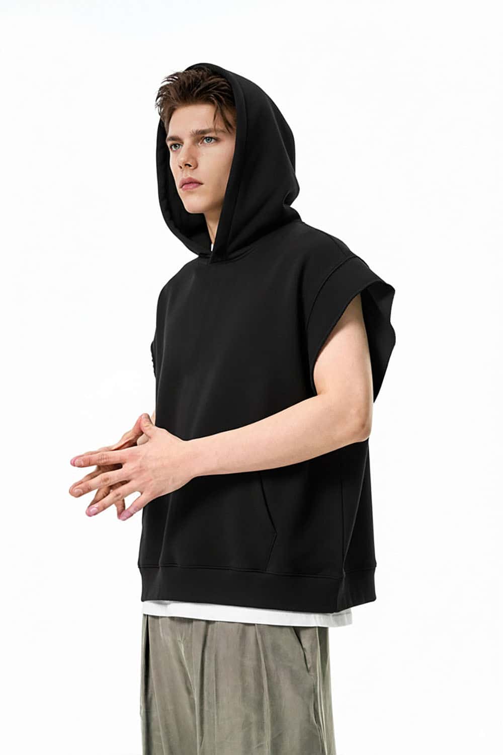 Heavyweight Sleeveless Hoodie Vest _ Rolled-Edge Hooded Sweatshirt Tank