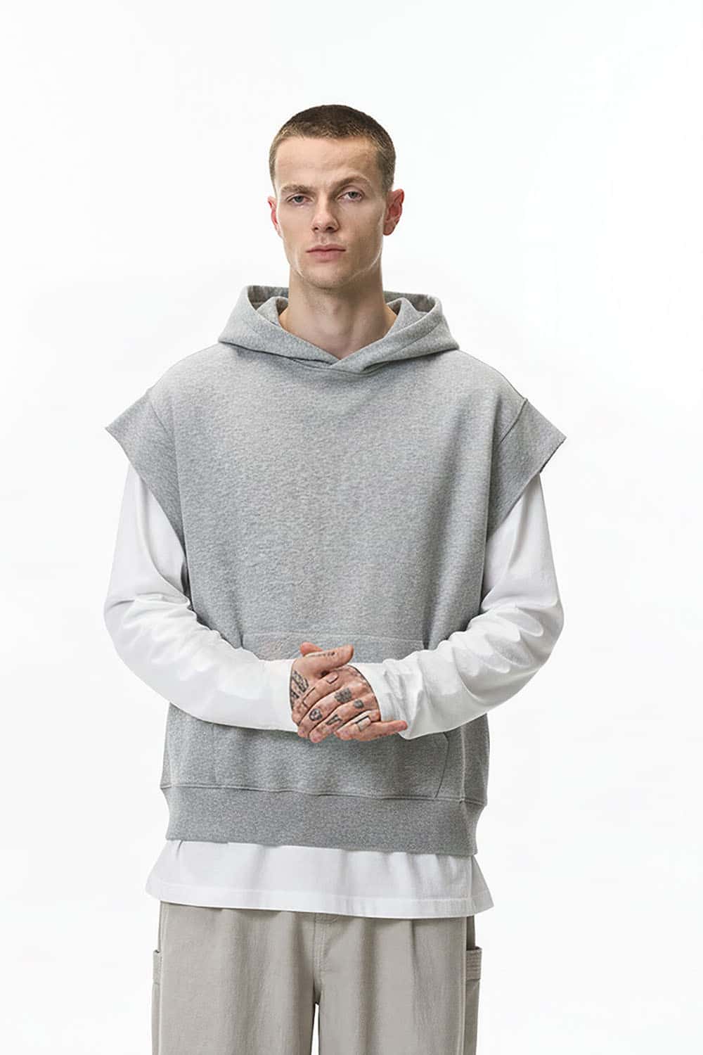 Heavyweight Sleeveless Hoodie Vest _ Rolled-Edge Hooded Sweatshirt Tank