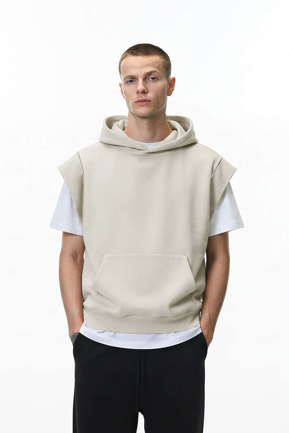 Heavyweight Sleeveless Hoodie Vest _ Rolled-Edge Hooded Sweatshirt Tank