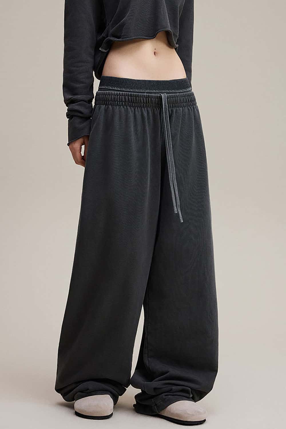 Vintage Double Waistband Straight-Leg Pants _ Distressed Slimming Casual Trousers