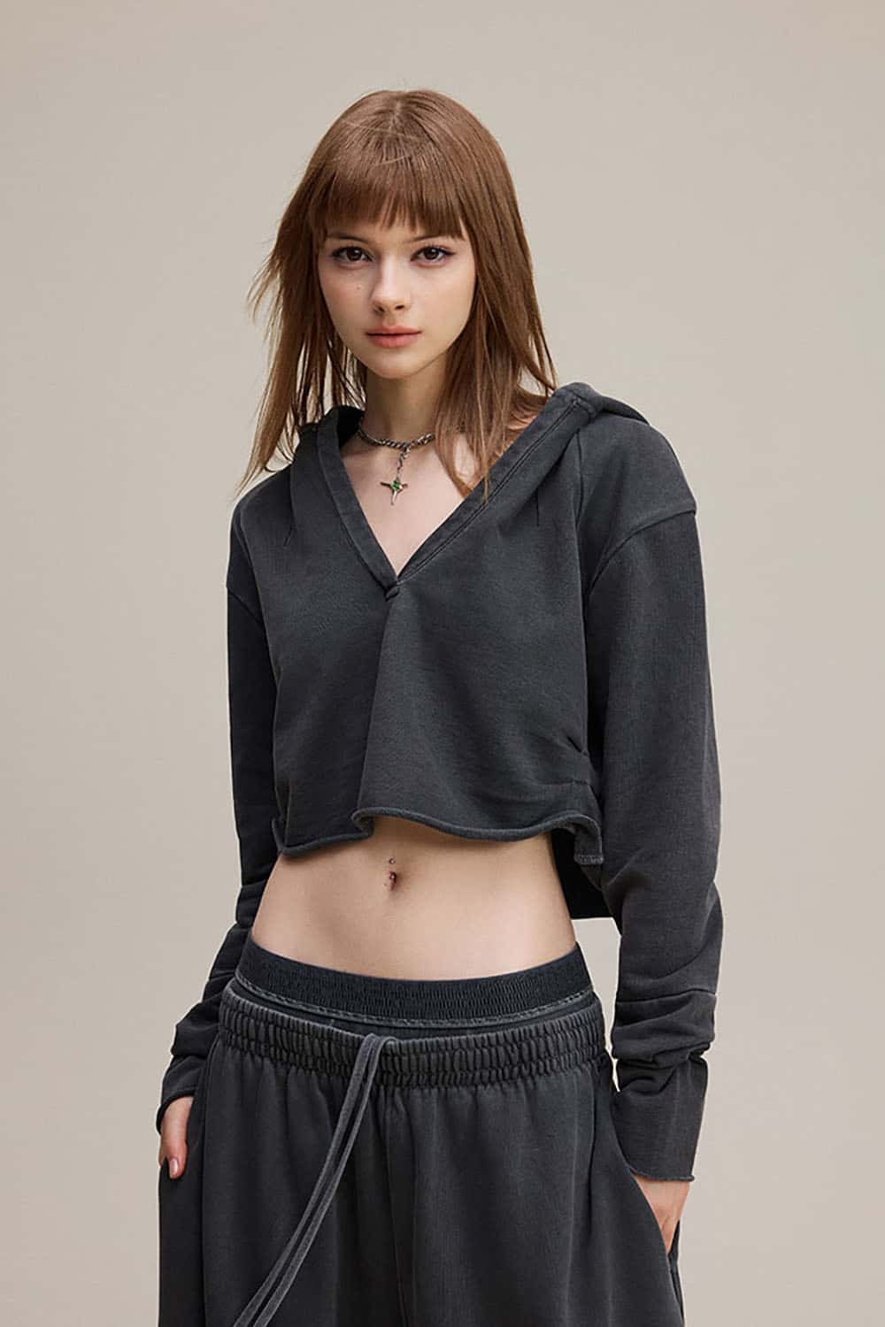 Vintage V-Neck Ruched Cropped Hoodie _ Long Sleeve Relaxed Fit Pullover Top