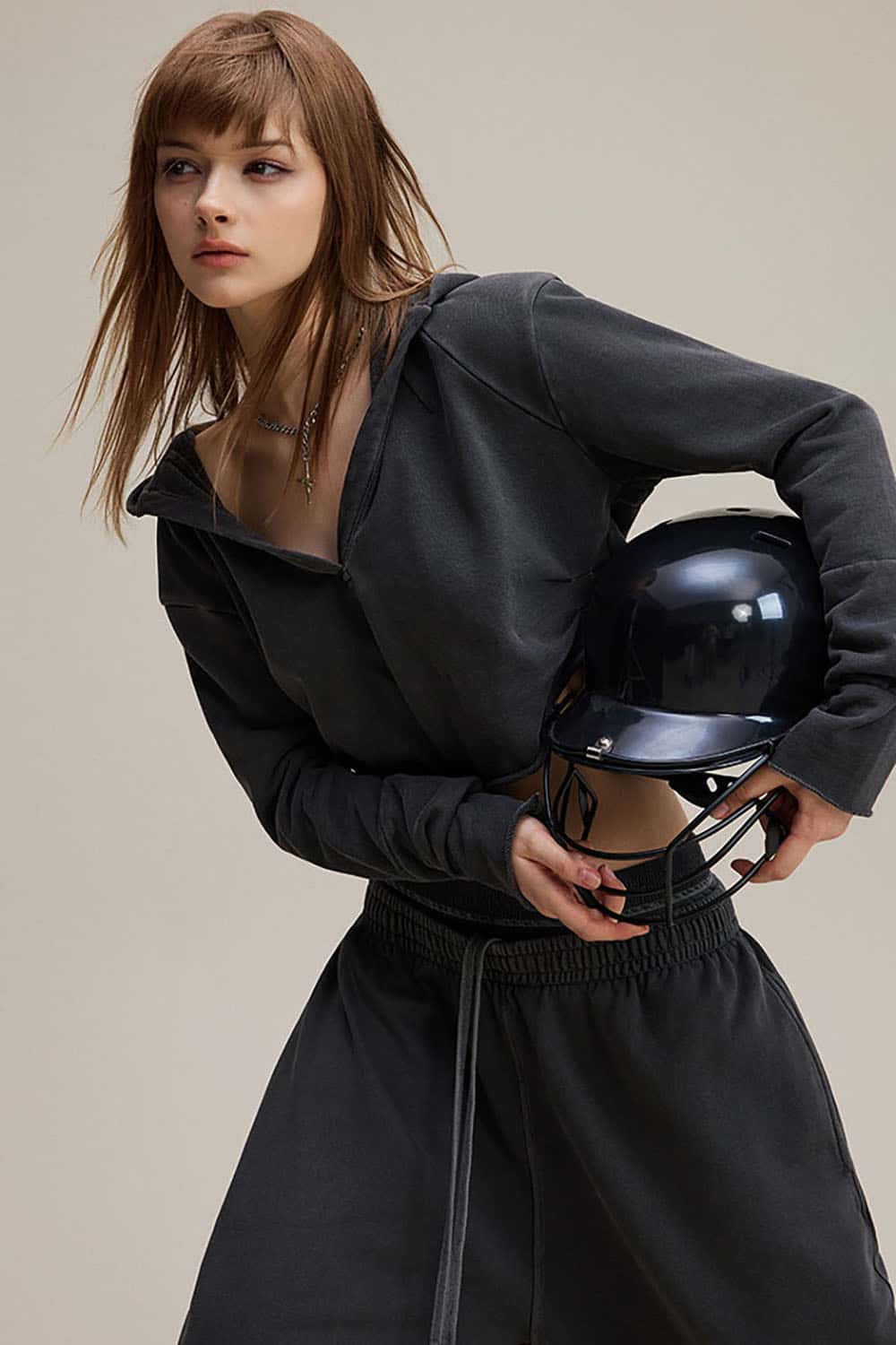 Vintage V-Neck Ruched Cropped Hoodie _ Long Sleeve Relaxed Fit Pullover Top