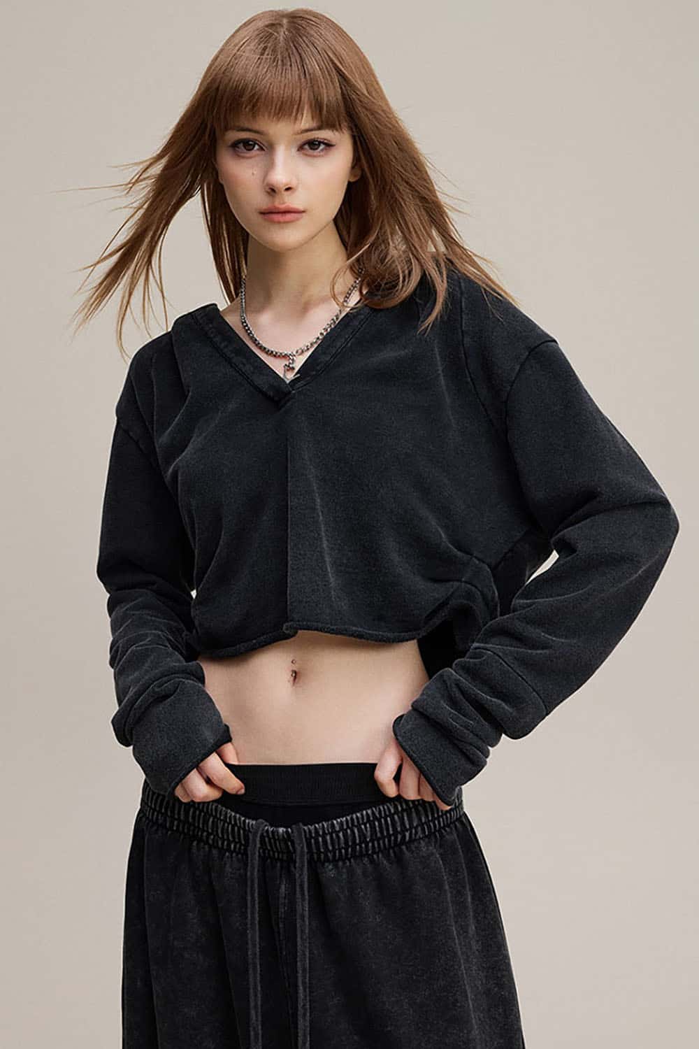 Vintage V-Neck Ruched Cropped Hoodie _ Long Sleeve Relaxed Fit Pullover Top