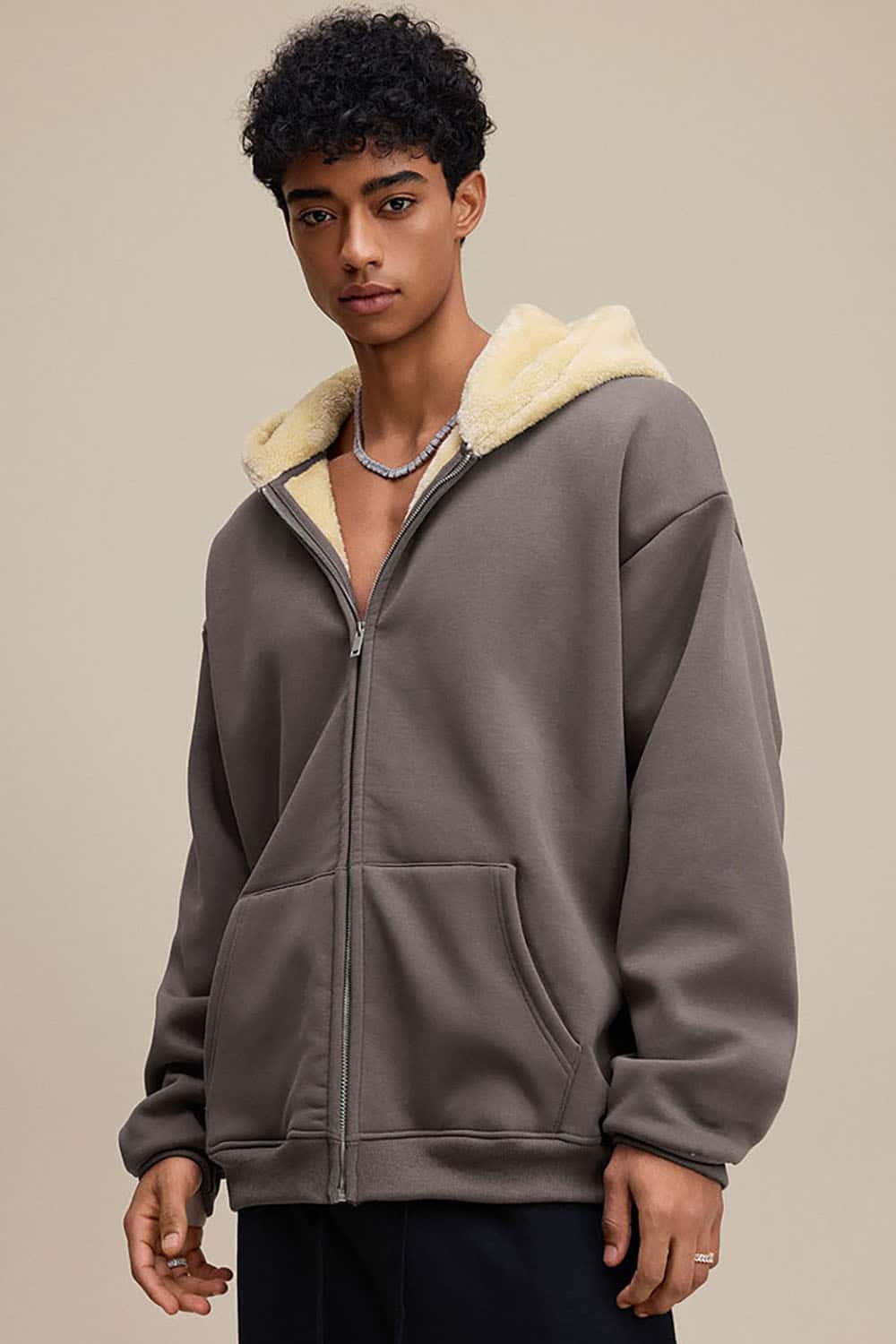 Plush Lined Zip-Up Hoodie _ Loose Fit Fleece Hooded Sweatshirt Jacket