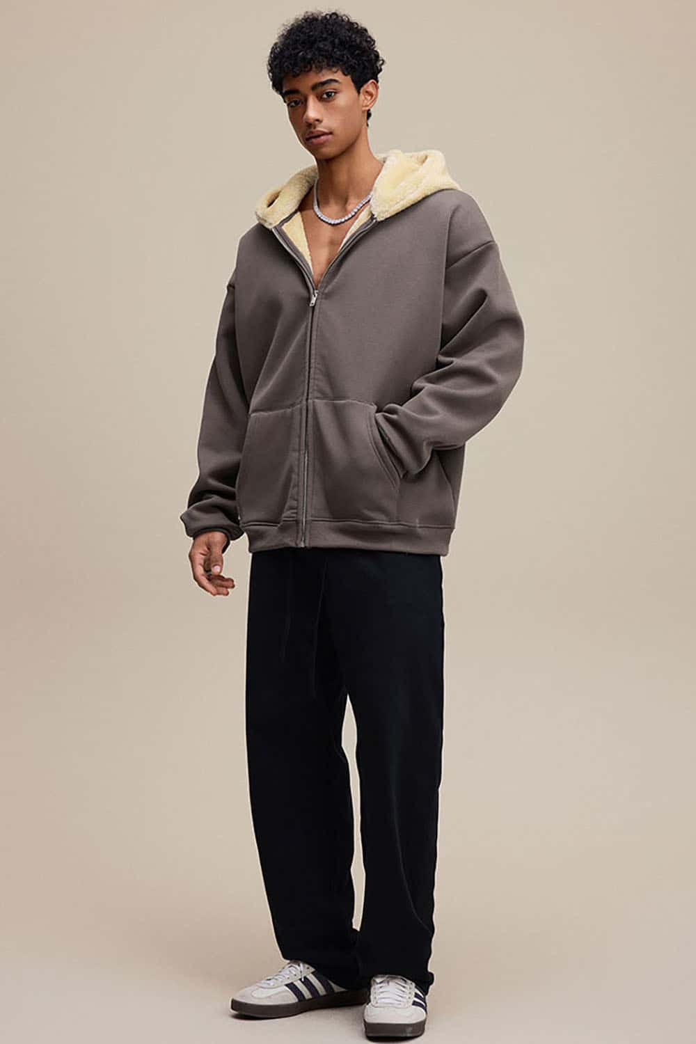 Plush Lined Zip-Up Hoodie _ Loose Fit Fleece Hooded Sweatshirt Jacket