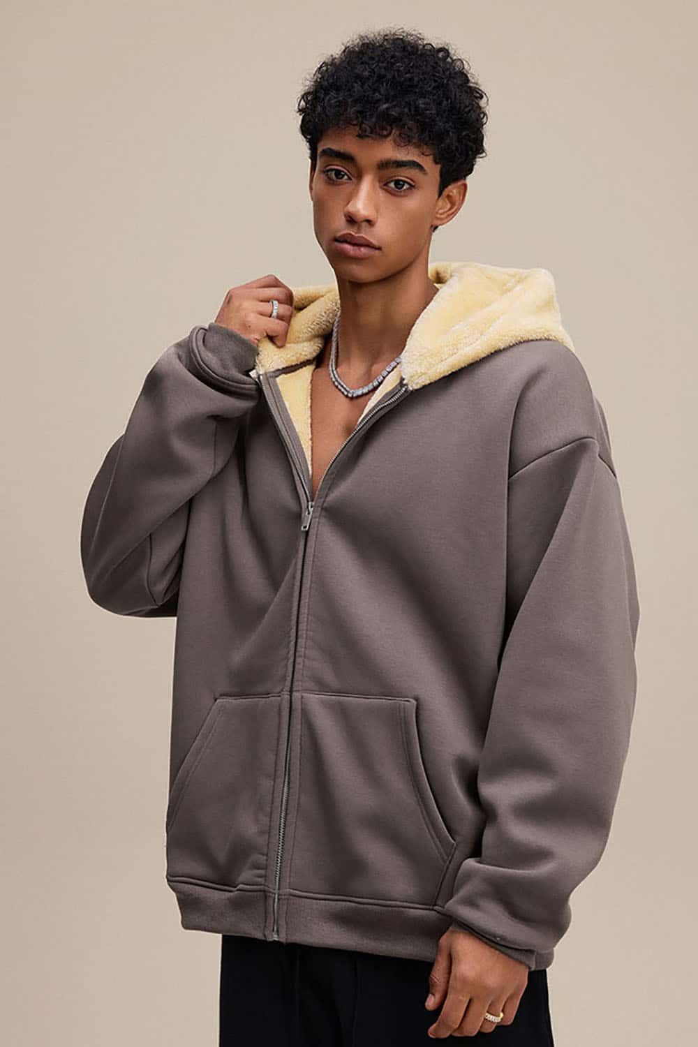 Plush Lined Zip-Up Hoodie _ Loose Fit Fleece Hooded Sweatshirt Jacket