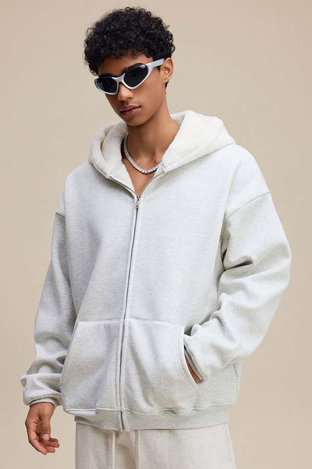 Plush Lined Zip-Up Hoodie _ Loose Fit Fleece Hooded Sweatshirt Jacket