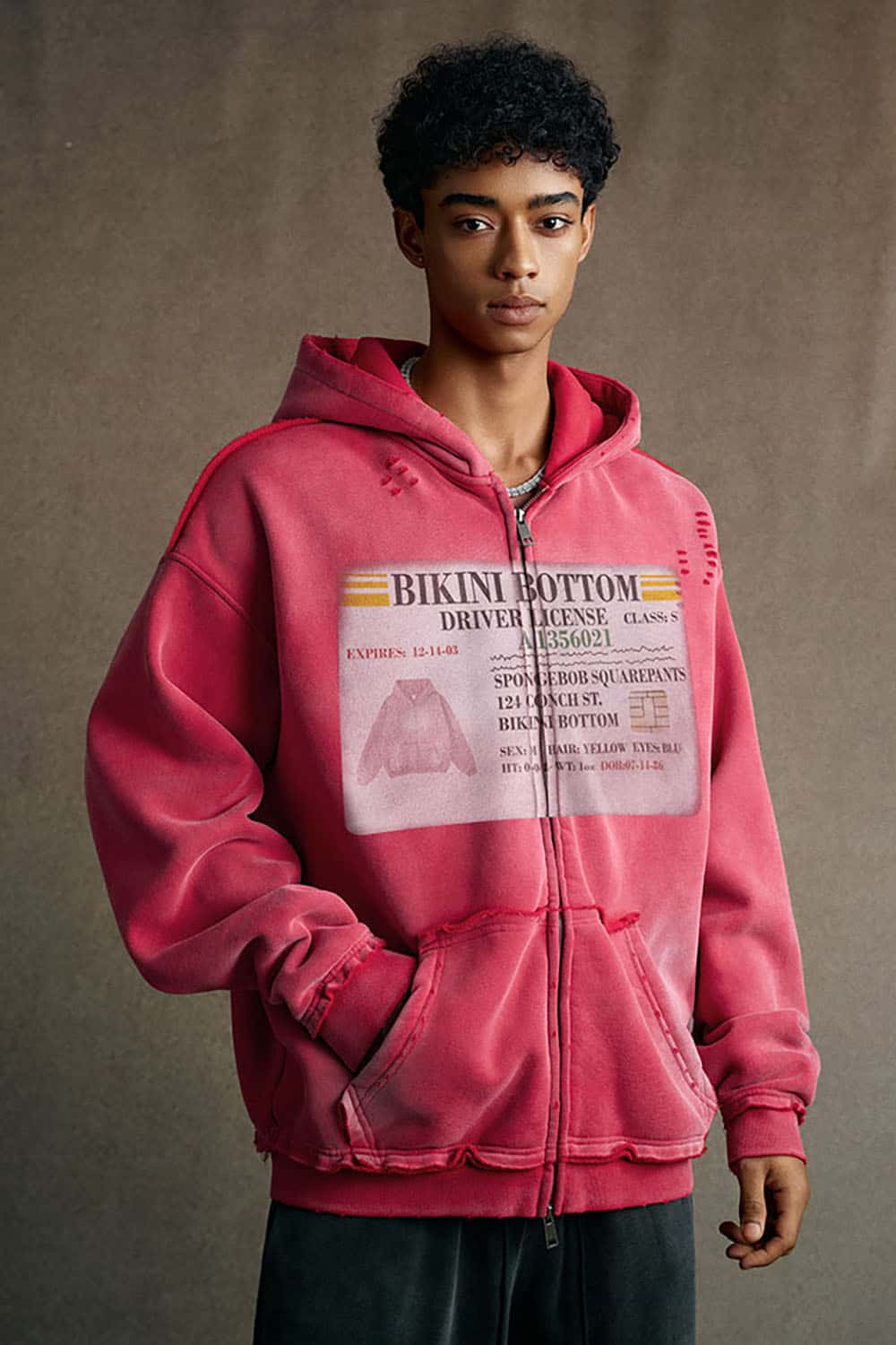 Distressed Graphic Spray-Dyed Zip-Up Hoodie _ Vintage Print Ripped Full Zip Jacket