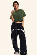 Washed Sorona Relaxed Cropped Crew-Neck T-Shirt in Blackish Green - full-length front modeled view