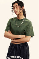 Washed Sorona Relaxed Cropped Crew-Neck T-Shirt in Blackish Green - three-quarter front modeled view