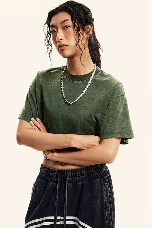 Washed Sorona Relaxed Cropped Crew-Neck T-Shirt in Blackish Green - three-quarter front modeled view